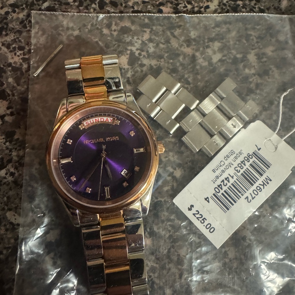 Michael Kors Gold and Silver Watch with Purple Dial
